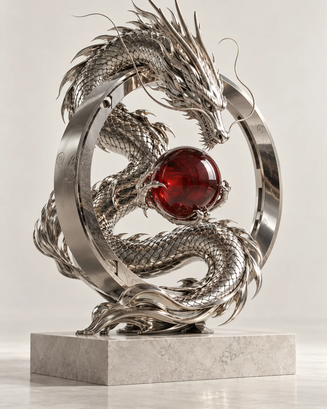 Sculpted chrome dragon encircling a vermilion glass sphere